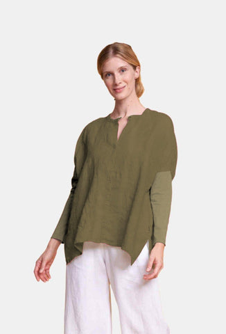 ELEMENTE CLEMENTE Boxy Tunic with Knit Sleeves In Khaki Green