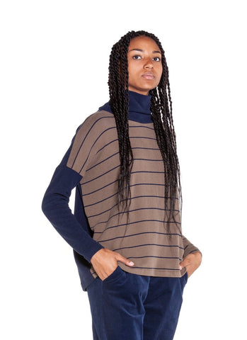 MAMA B - Boxy Cowl Neck Top in Blue Stripes