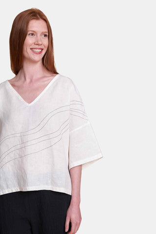 Elemente Clemente Boxy V Neck Linen Top with Stitching Print