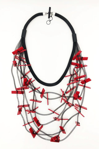 CHRISTINA BRAMPTI Black Mesh and Red Acrylic Multi Strand Necklace