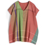 Tamaki Niime Striped V-Neck Cap Sleeve Flared Top - Funky Rainbow