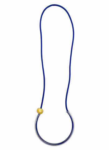 CHRISTINA BRAMPTI  Long Cord Necklace in Blue with Yellow Bead